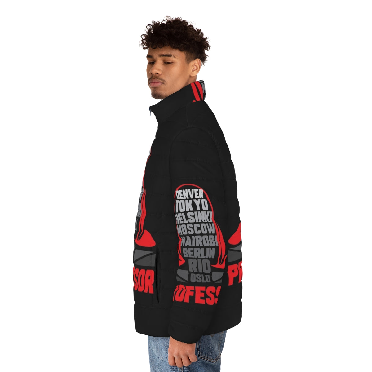 A person wearing a gray hooded puffer jacket with the "Money Heist" theme - men side left