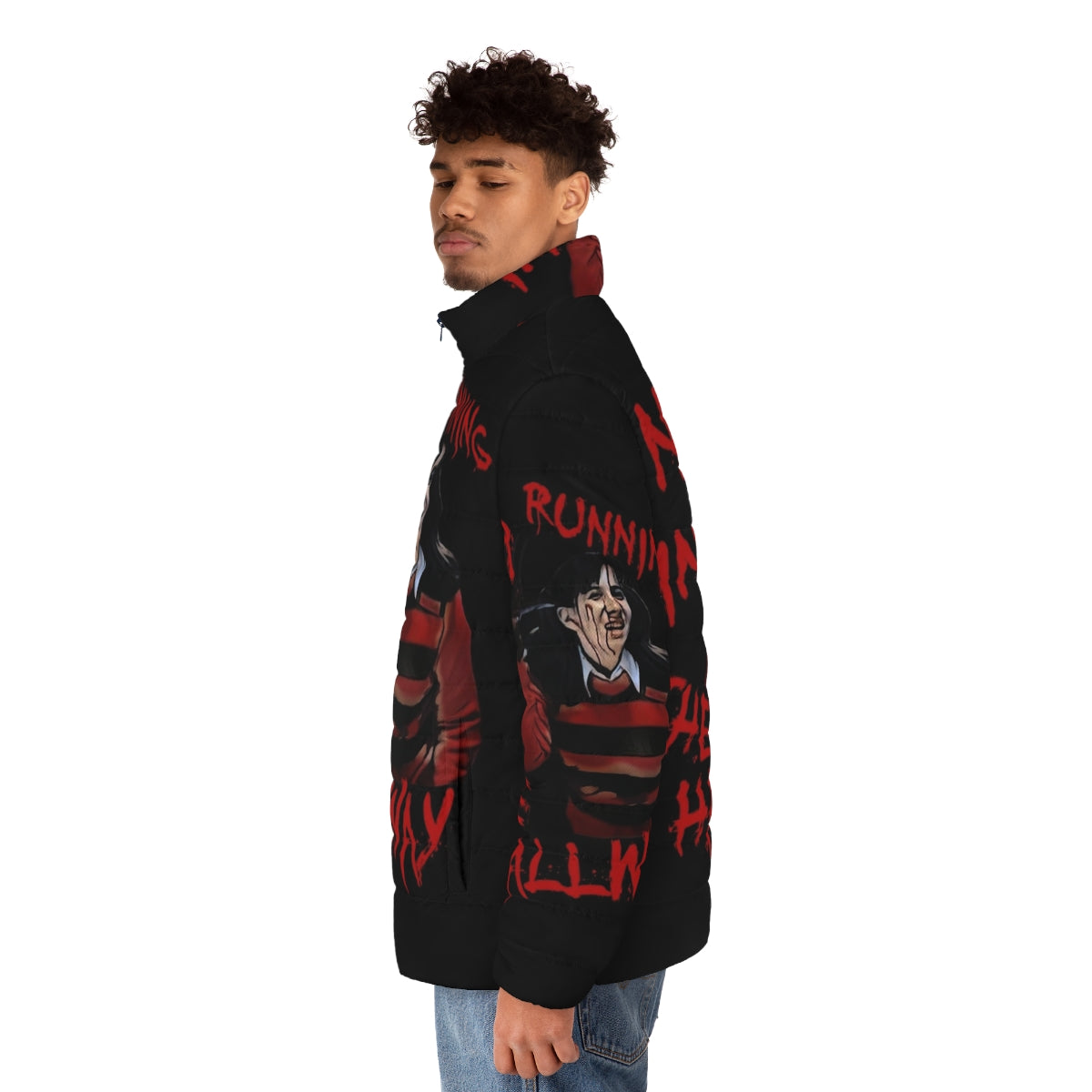 "No Running in the Hallway" puffer jacket with Freddy Krueger inspired design - men side left