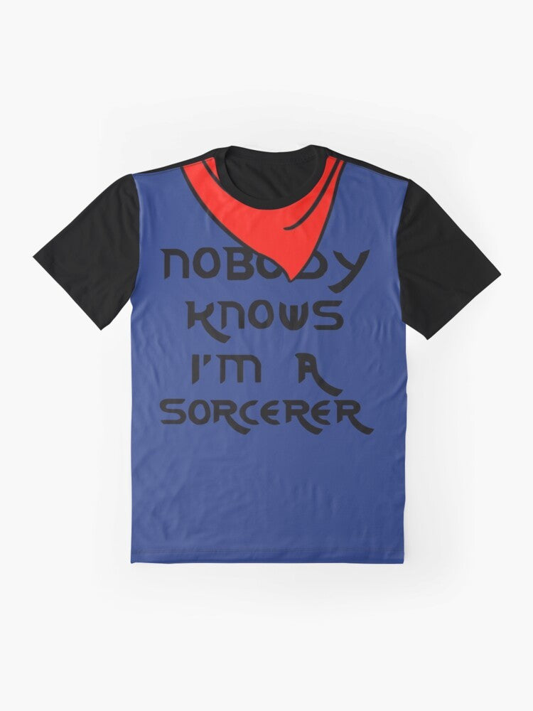 Merlin "Nobody Knows I'm a Sorcerer" graphic t-shirt design - Flat lay