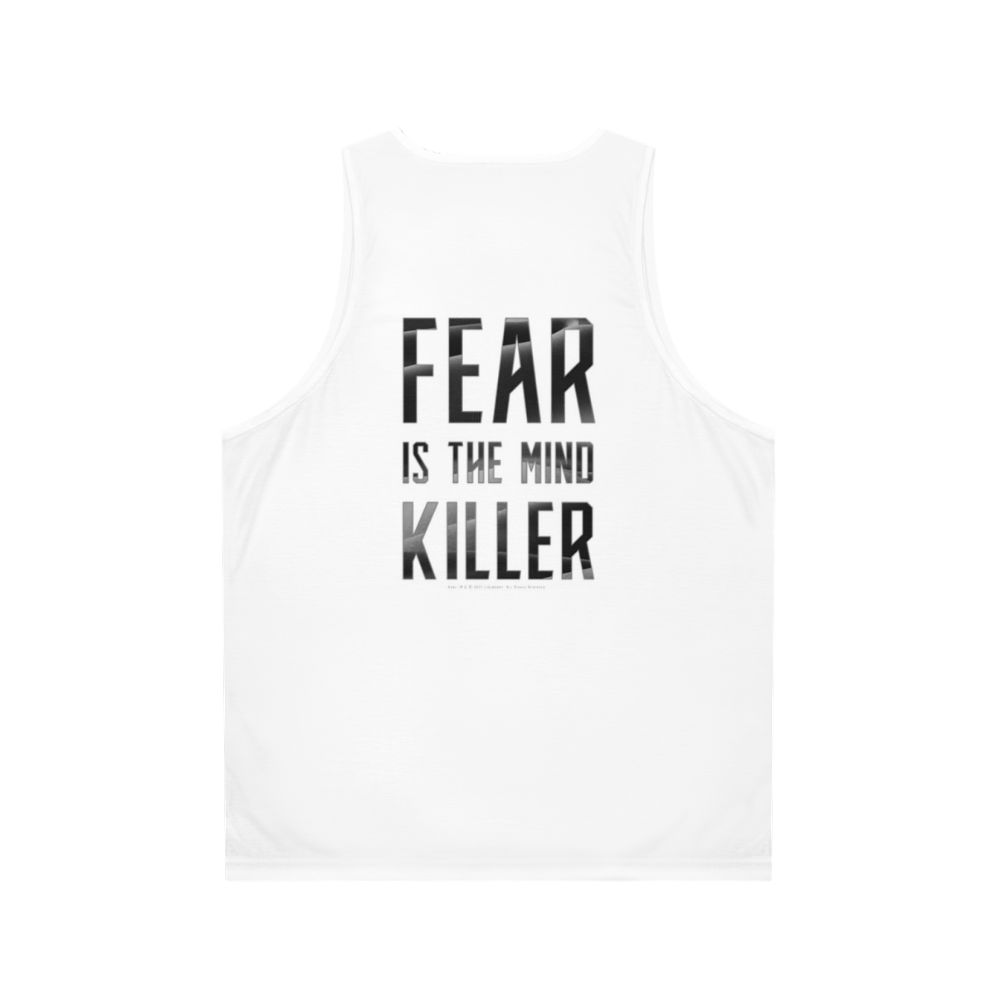 Dune movie inspired unisex tank top with "Fear Is The Mind Killer" design - Back