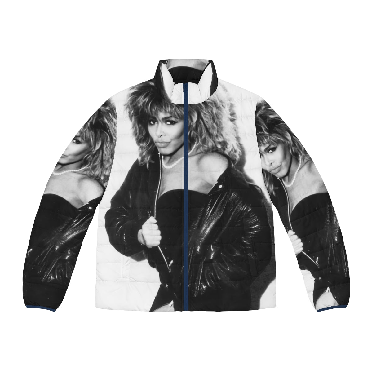 Vintage-inspired 80s style puffer jacket with a bold, black and white graphic design