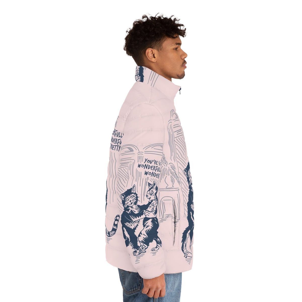 The Cure Lovecats puffer jacket featuring the iconic 80s alternative music band's cat-themed graphic design - men side right