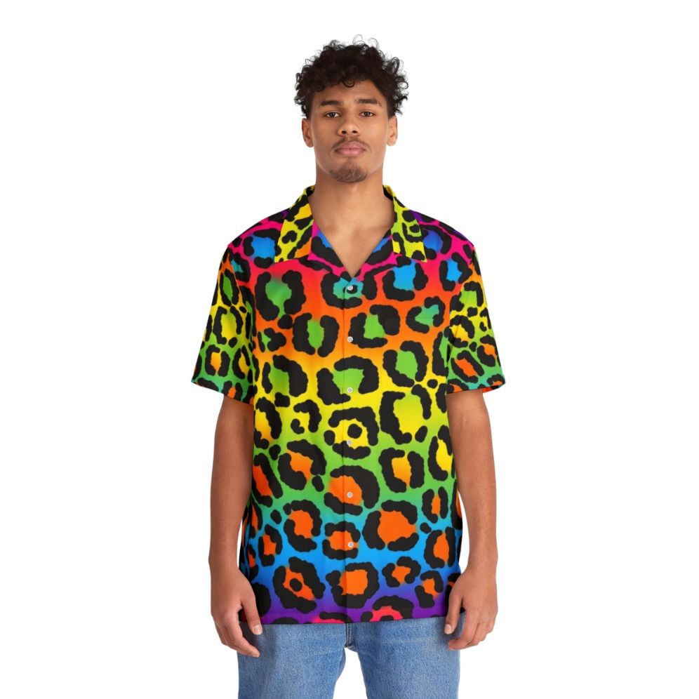 Neon Rainbow Leopard Print 1990s Hawaiian Shirt - People Front