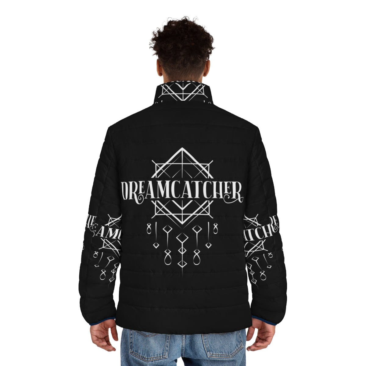 Dreamcatcher black and white puffer jacket with kpop logo design - men back