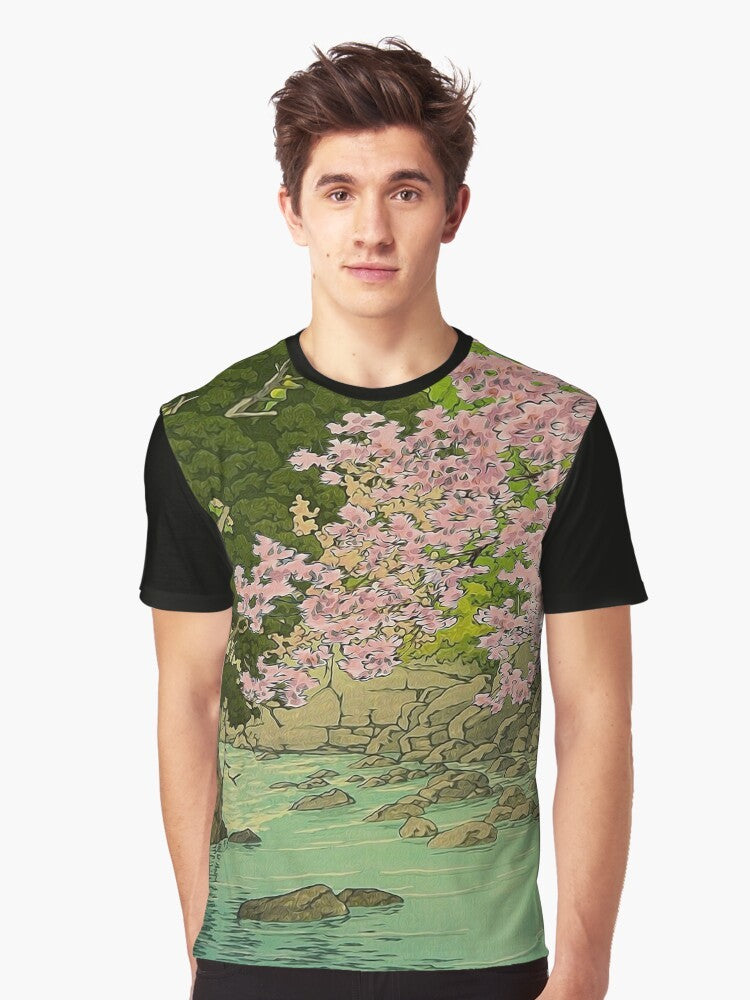 Vintage-inspired nature landscape graphic t-shirt featuring mountains, lake, and river in Japanese art style - Men