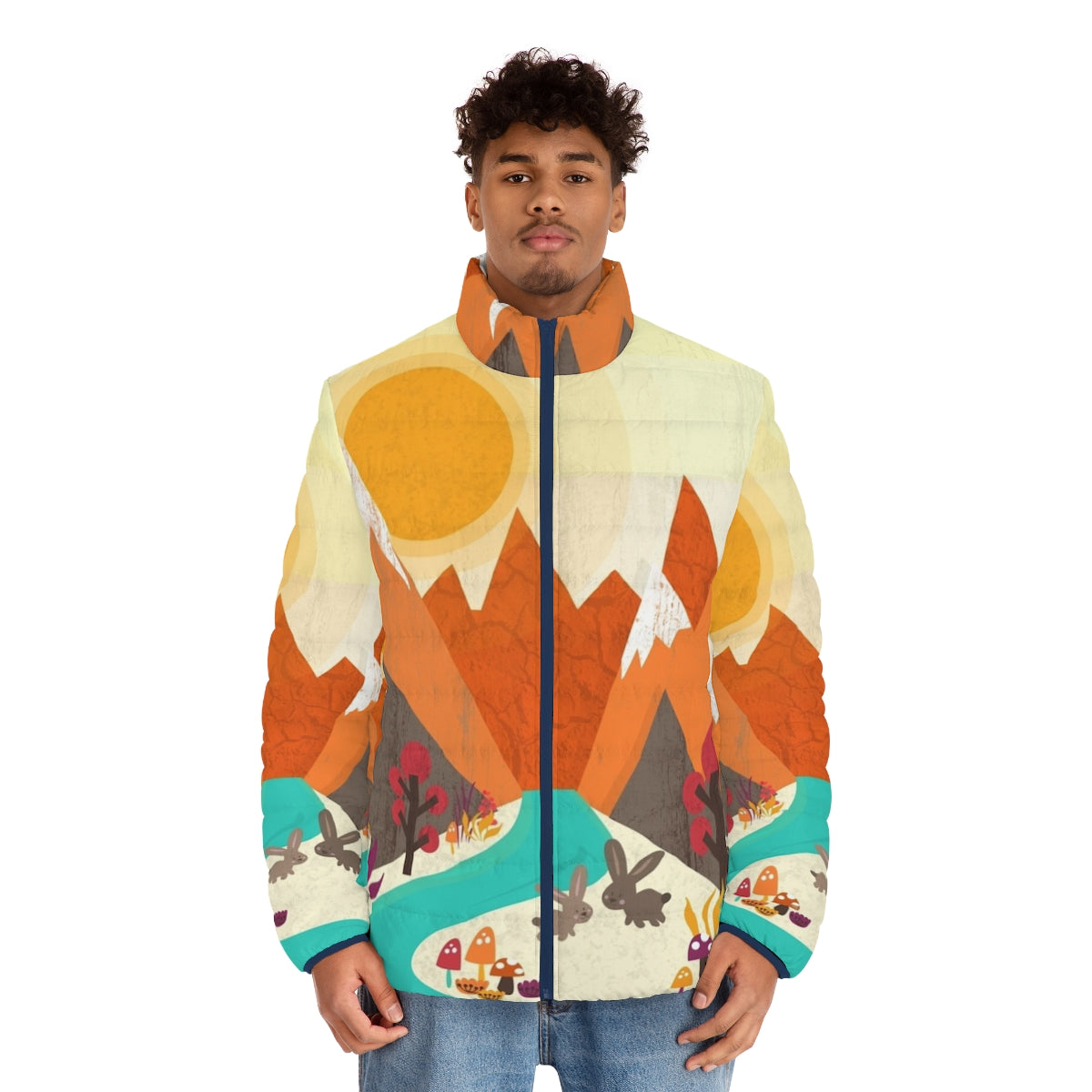 Colorful puffer jacket with nature and landscape elements like trees, flowers, and a rabbit - men front