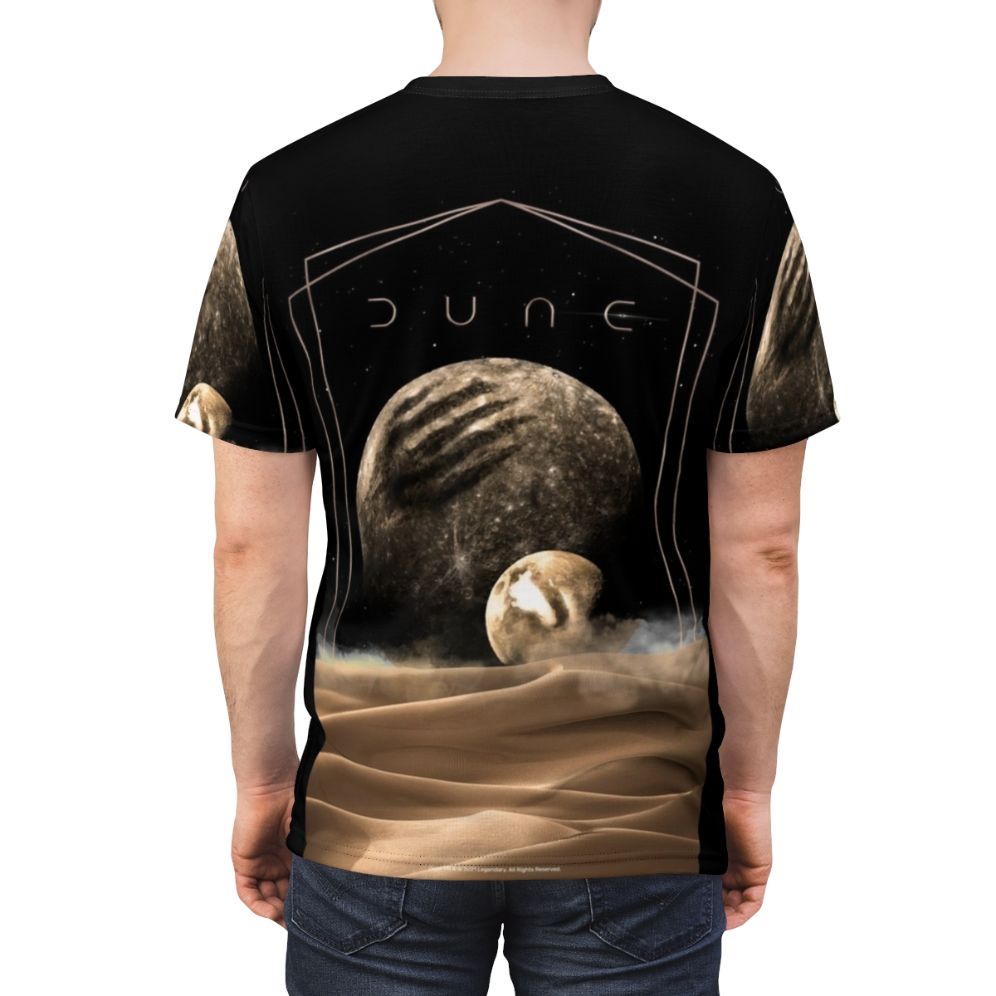 Dune-inspired moons artwork on an all-over print t-shirt - men back