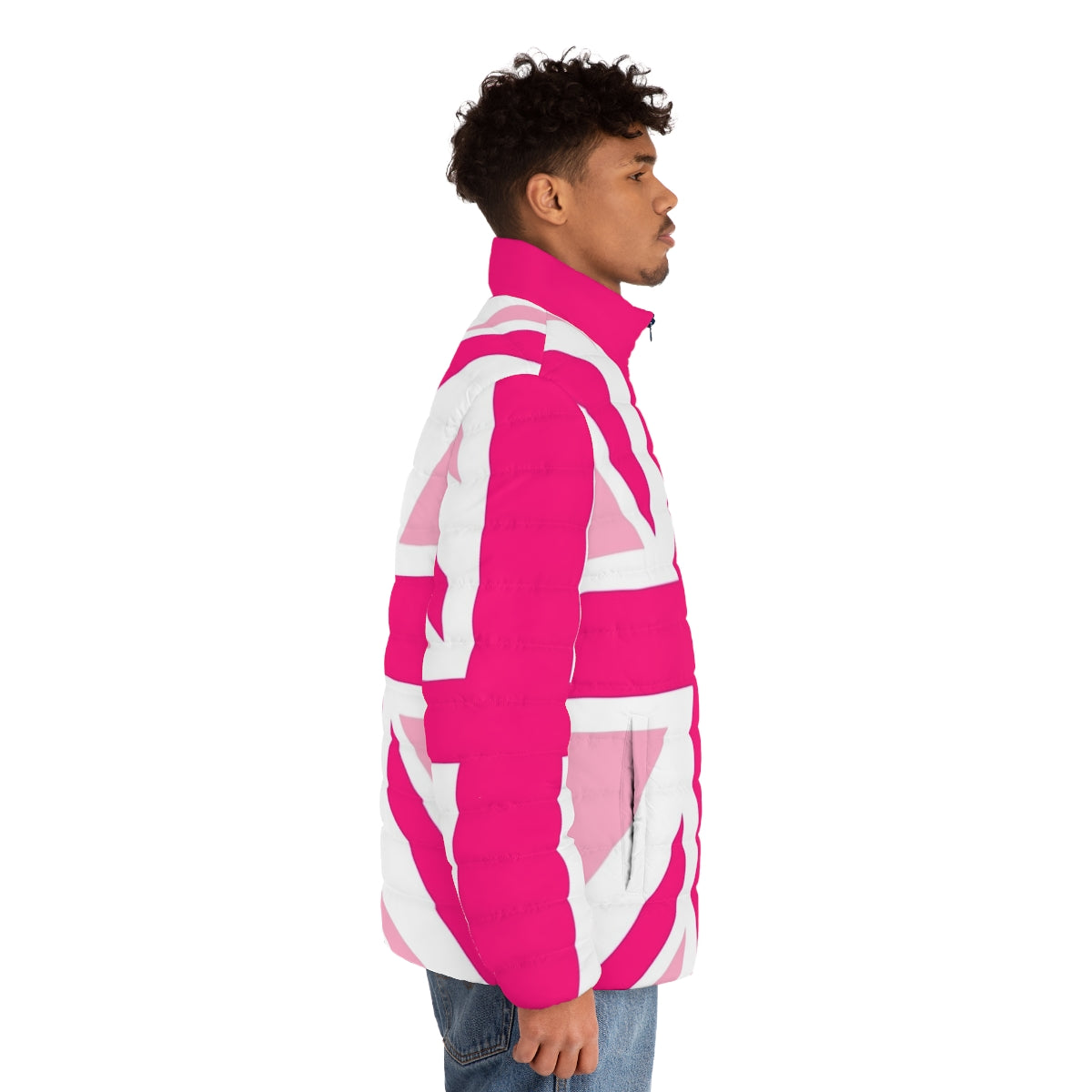 A vibrant pink puffer jacket featuring the iconic Union Jack design, representing the United Kingdom and promoting breast cancer awareness and LGBTQ+ pride. - men side right