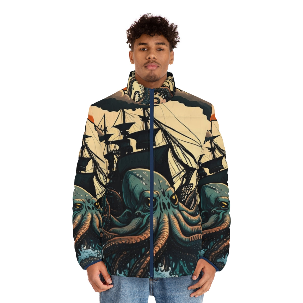 Mythical sea creature puffer jacket featuring legendary beasts and fantasy ocean creatures - men front