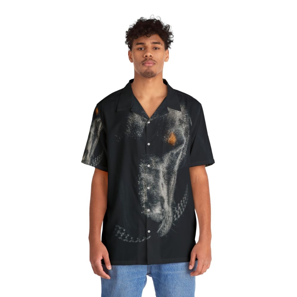 Doberman wearing a tropical Hawaiian print shirt - People Front