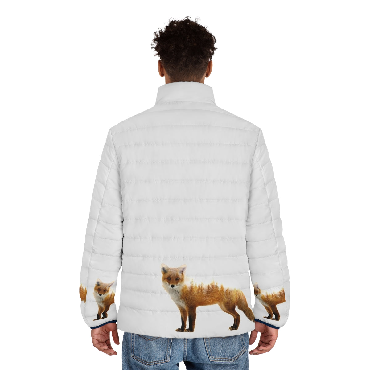 A puffer jacket featuring a double exposure design of a majestic forest fox - men back