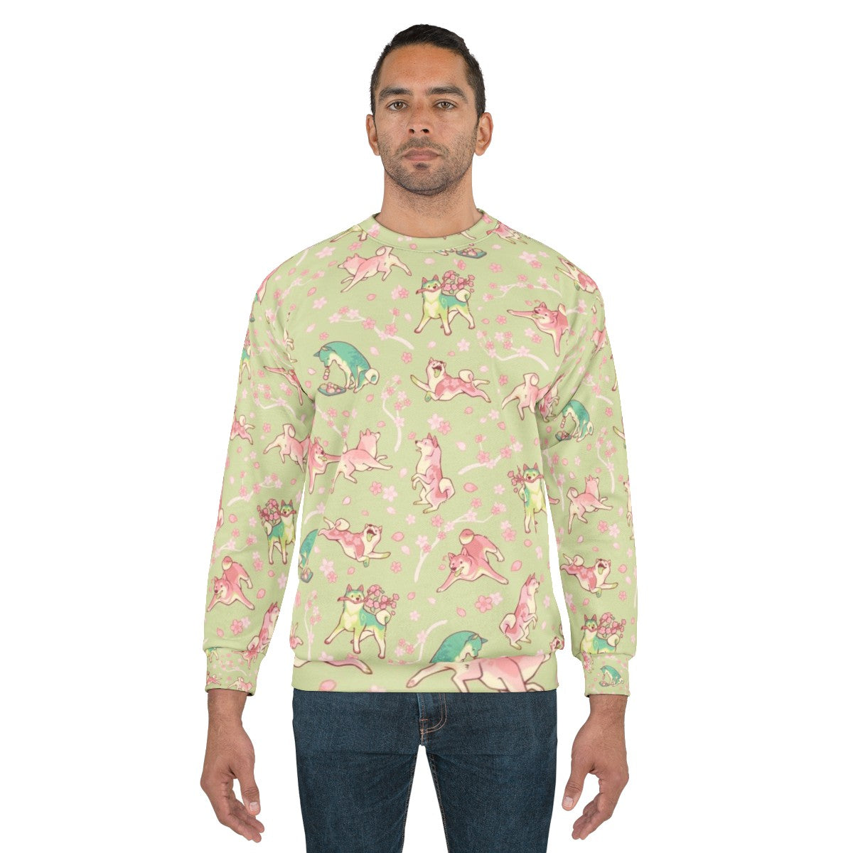 Shibakura Matchinu Matcha Sweatshirt with Shiba Inu Dog and Sakura Flower Pattern - men