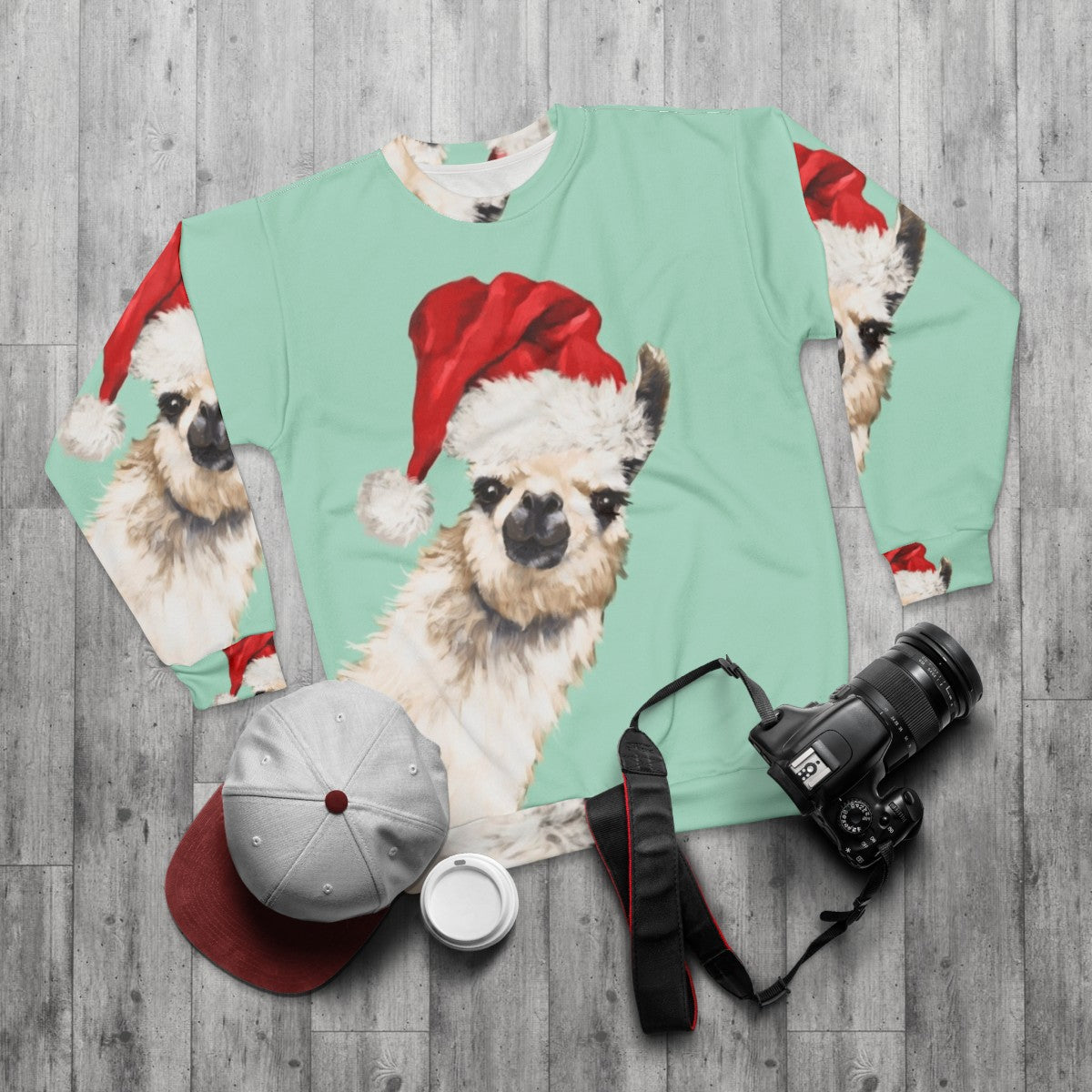 Cozy green Christmas llama sweatshirt - flat lay