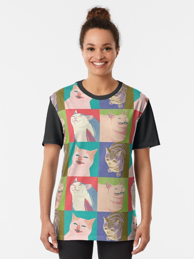 Graphic t-shirt design featuring four popular meme cats - Knife Cat, Sad Cat, Cat No Banana, and more in a pop art style. - Women