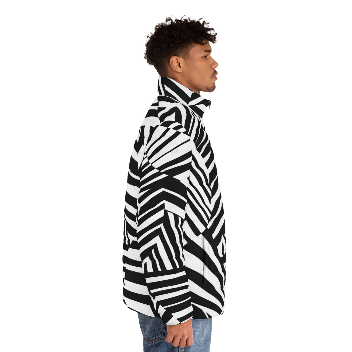 Model wearing a minimalist dazzle camouflage puffer jacket - men side right