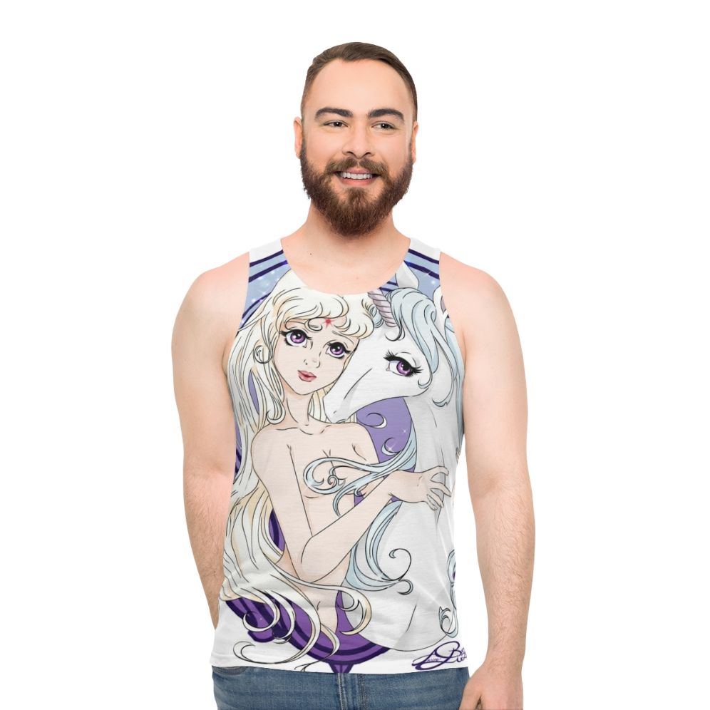 Unisex unicorn tank top featuring two versions of the fantasy classic "The Last Unicorn" - men