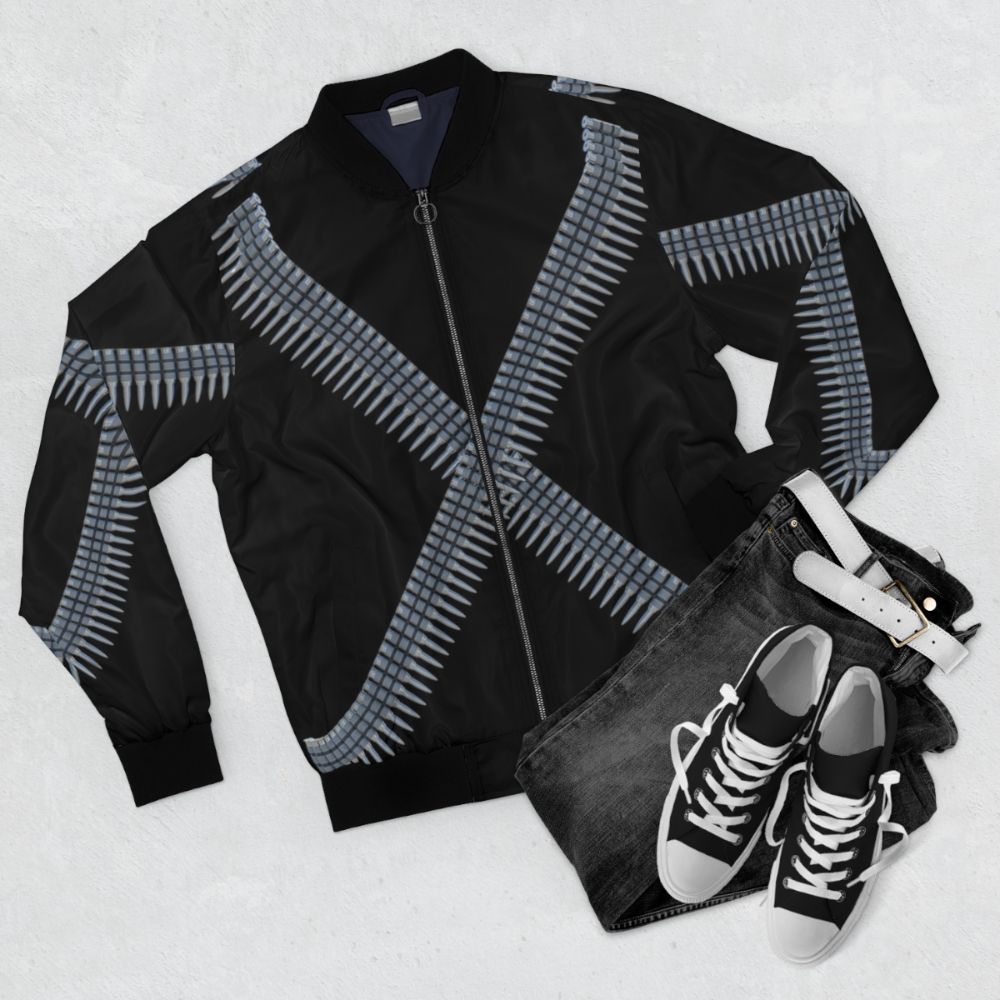 A bomber jacket with a bullet-themed belt, perfect for the wild west outlaw look. - Flat lay