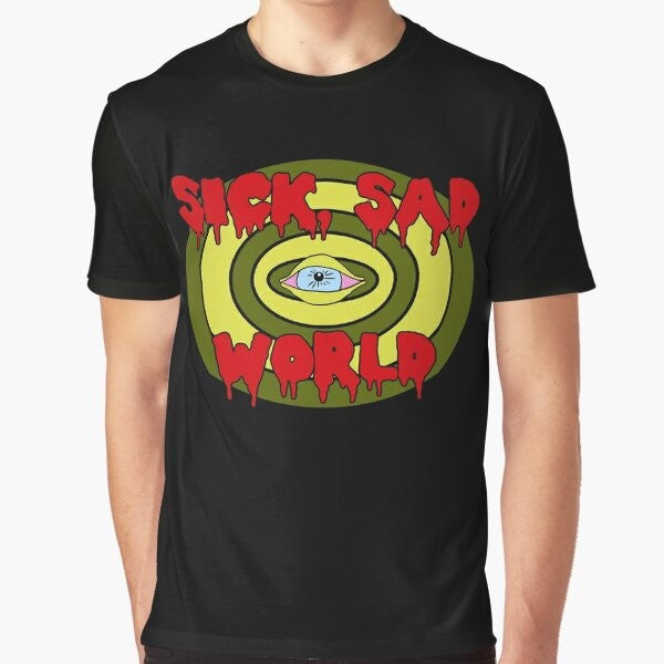 "Sick Sad World" 90s grunge graphic t-shirt with eye and slime design