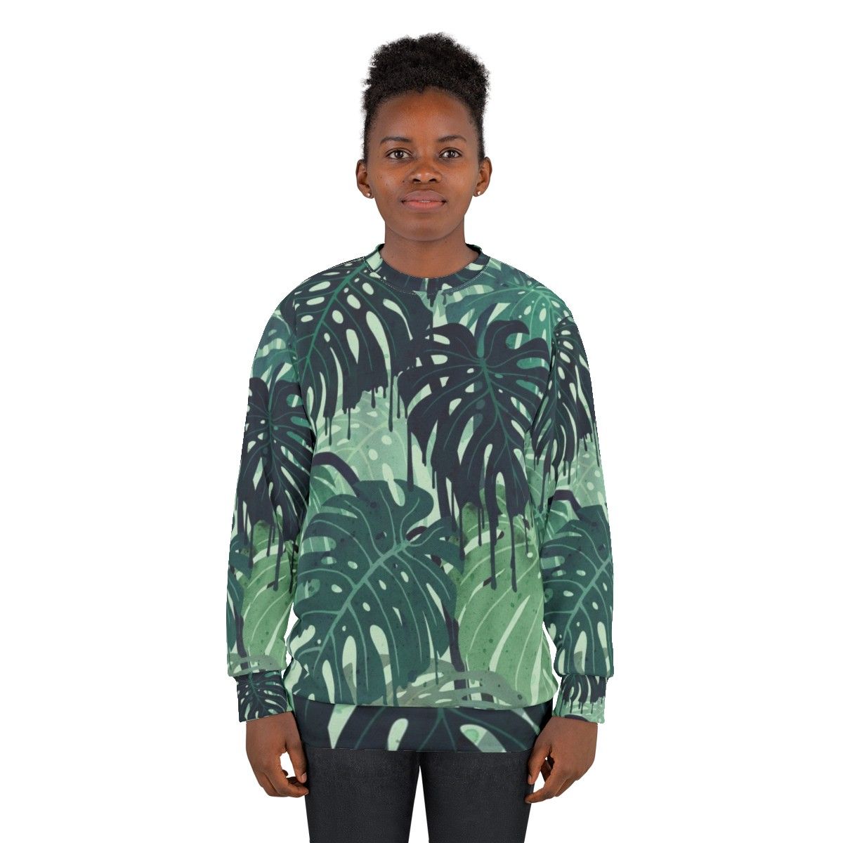 Tropical monstera leaves melting in a surreal green and blue sweatshirt design - women