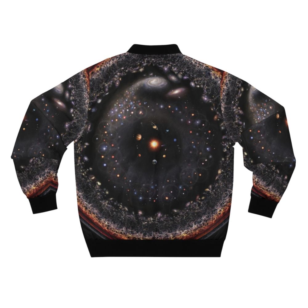 Bomber jacket with a logarithmic illustration of the observable universe, featuring planets, stars, and galaxies. - Back