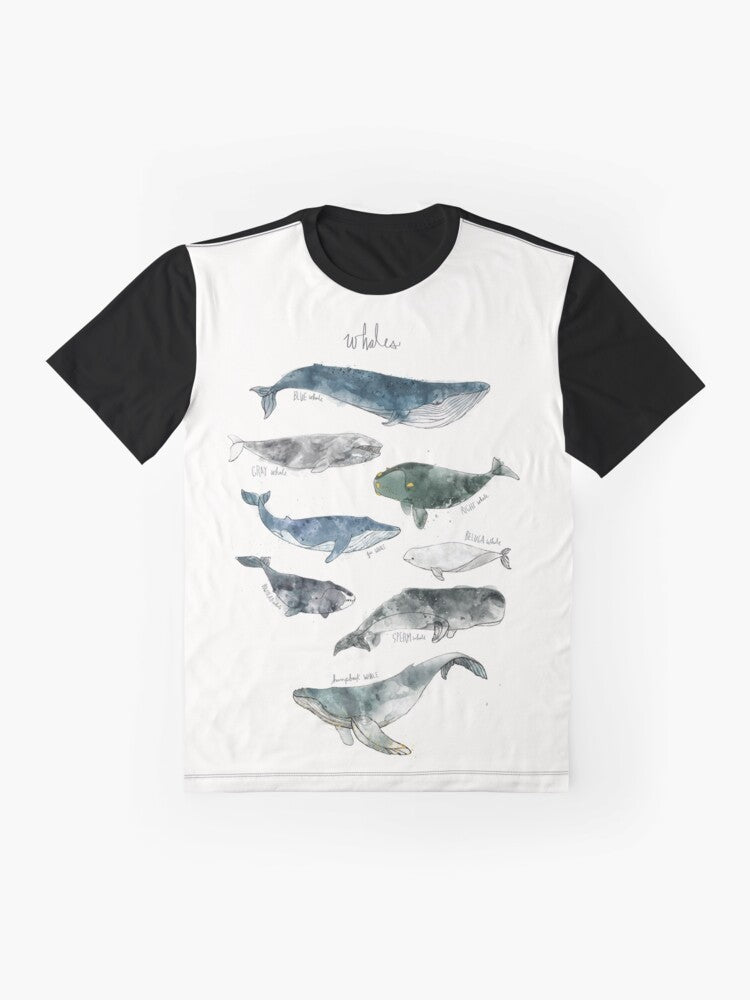 Watercolor illustration of whales, including humpback and beluga whales, on a graphic t-shirt. - Flat lay