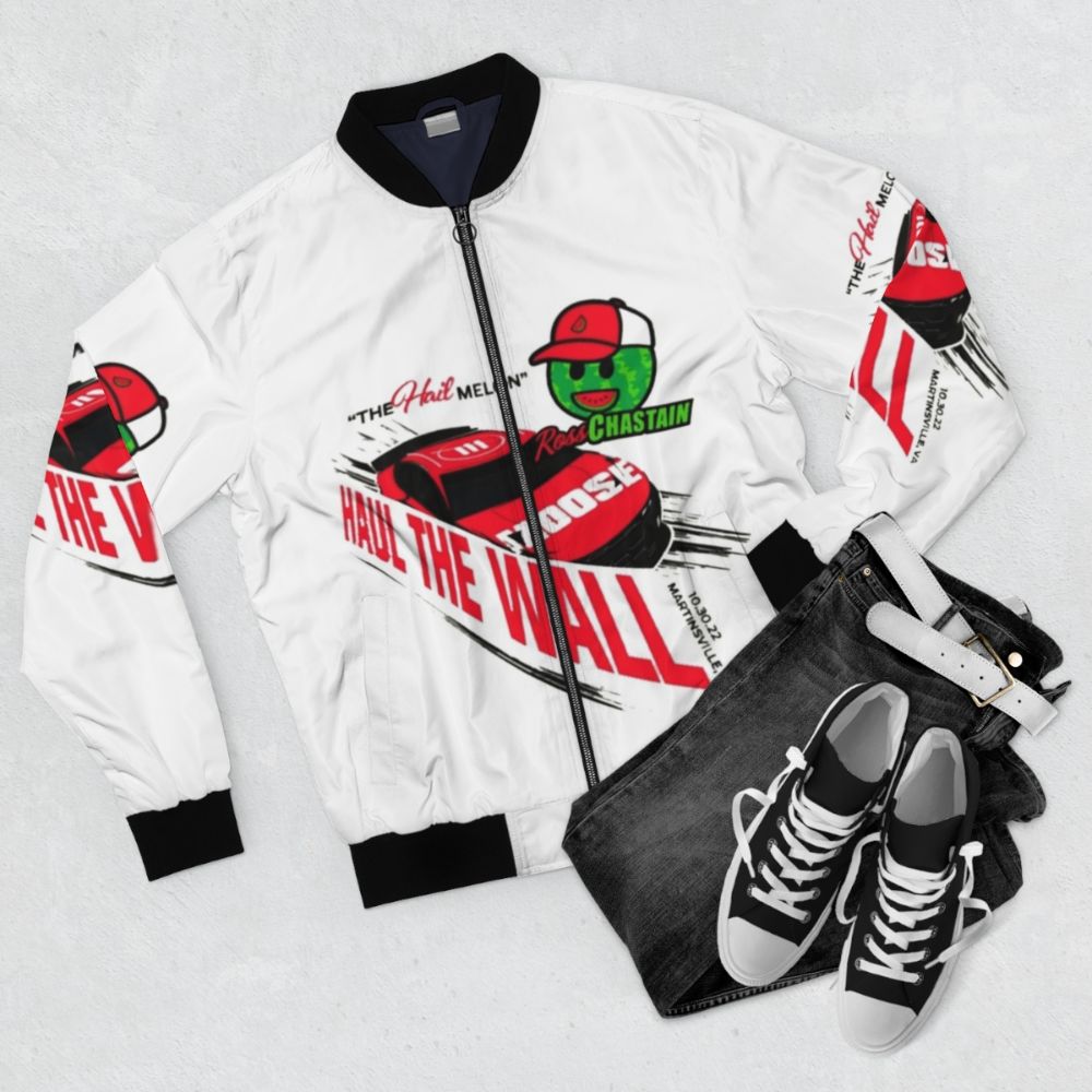 Ross Chastain Haul The Wall Hail Melon NASCAR Bomber Jacket - Flat lay