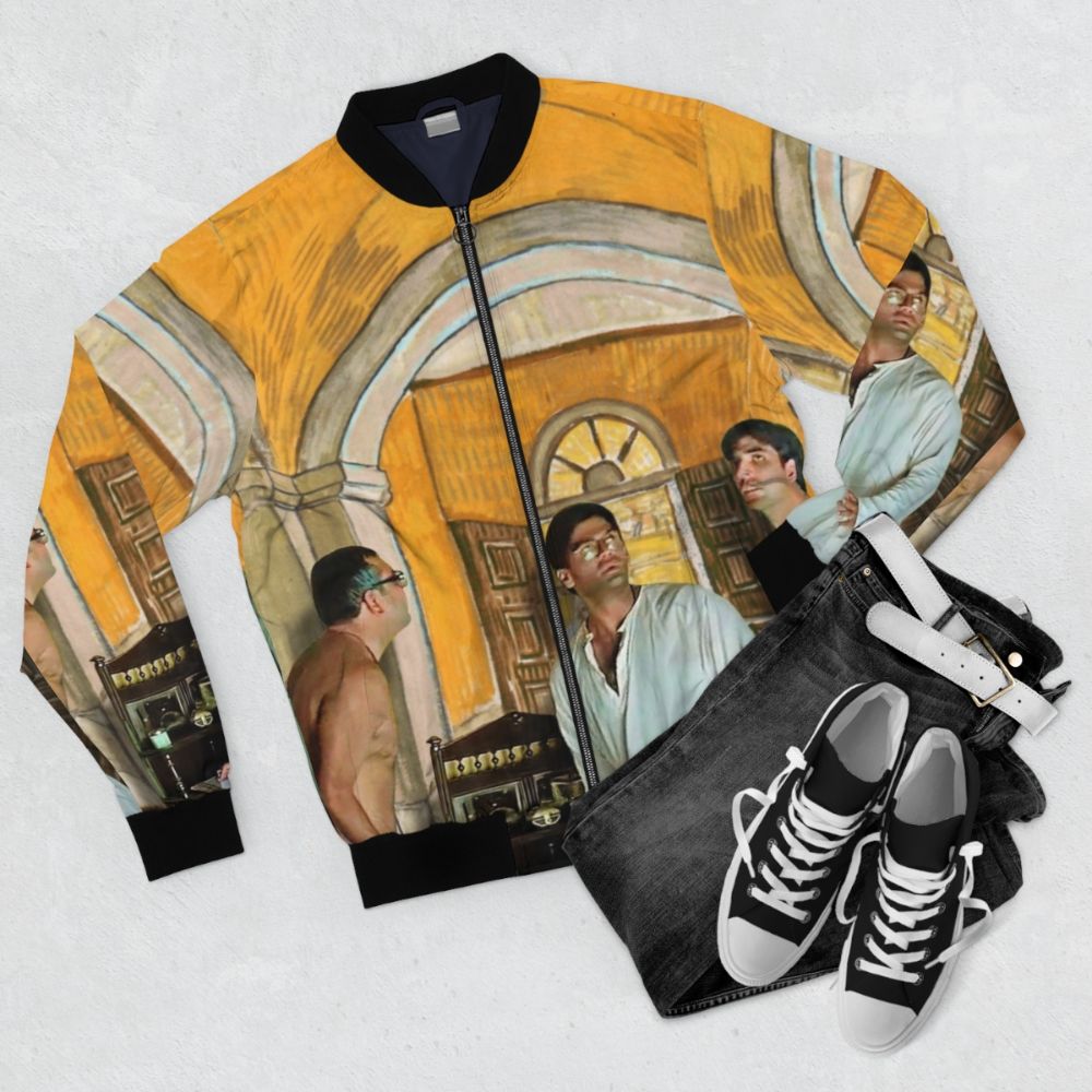 Hera Pheri x Vincent Van Gogh Bomber Jacket, featuring the iconic 'The Entrance Hall of Saint Paul Hospital' painting by Van Gogh - Flat lay