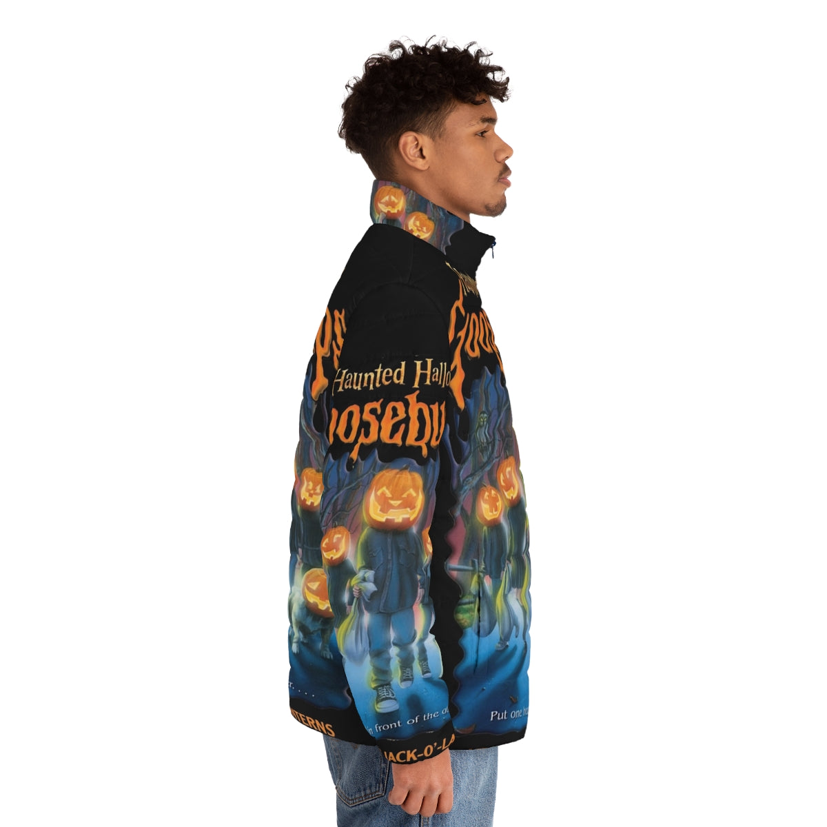 A spooky puffer jacket featuring a jack o' lantern design, perfect for a haunted Halloween costume. - men side right