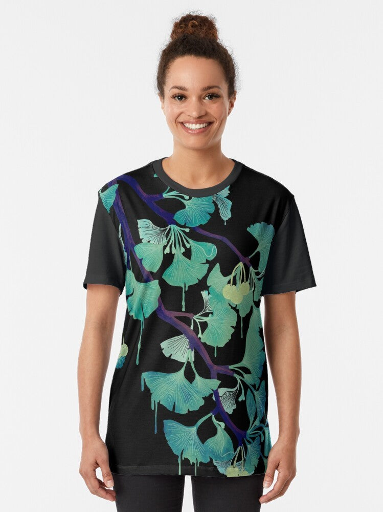 A watercolor-style graphic of a ginkgo tree on a black t-shirt. - Women