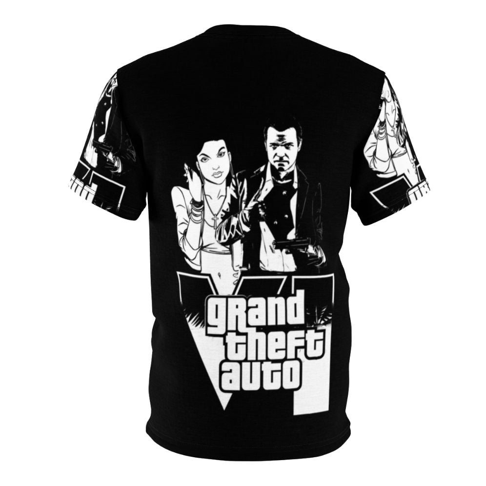 Retro gaming inspired t-shirt design featuring elements from the Grand Theft Auto video game series - Back