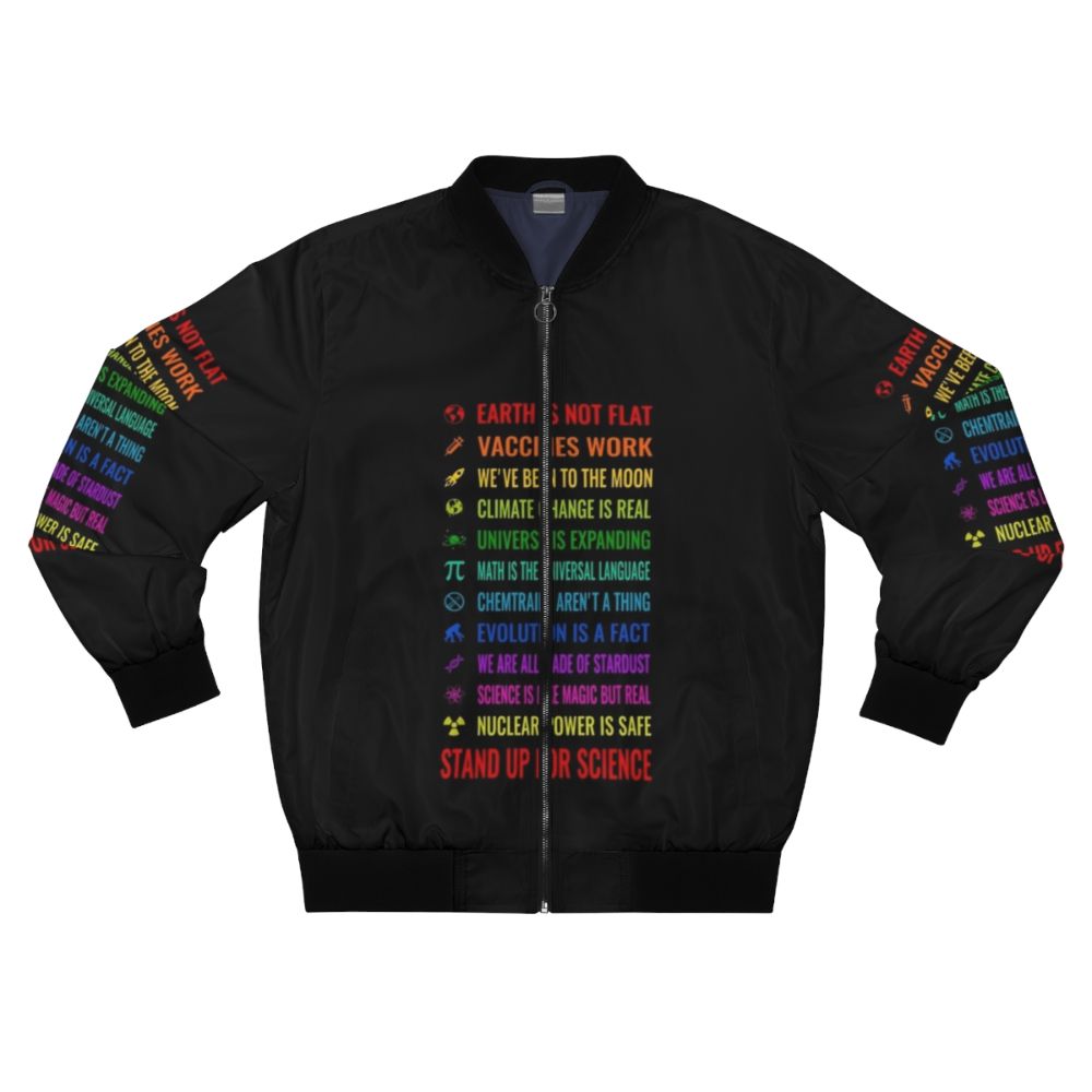 Bomber jacket with "Stand up for science" graphic and scientific symbols