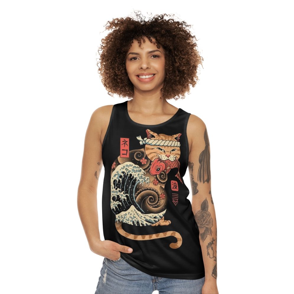 Catana Wave Unisex Tank Top featuring a cat design inspired by the Great Wave off Kanagawa - women