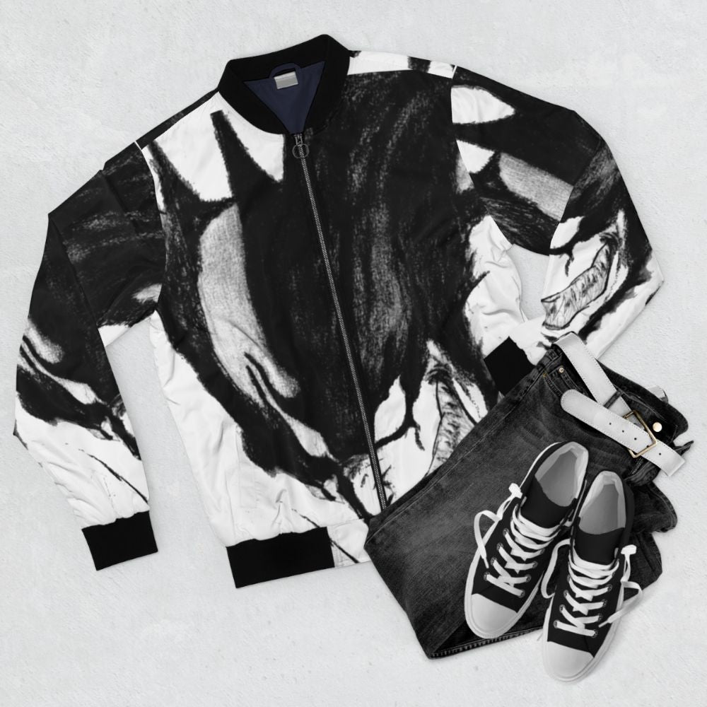 Devilman Crybaby inspired black and white bomber jacket with anime and superhero design elements - Flat lay