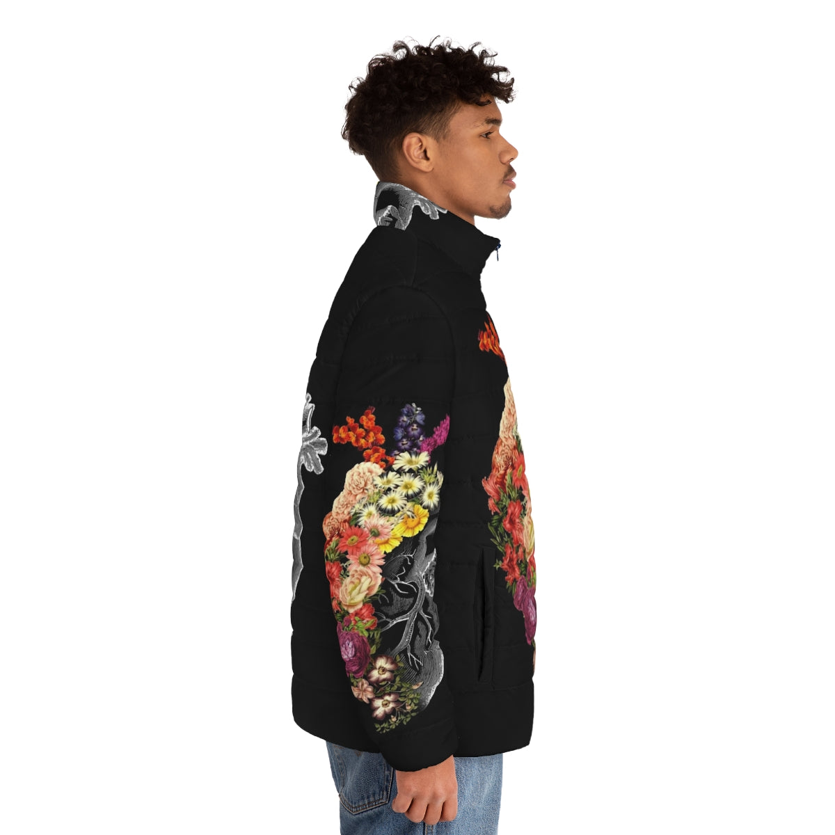 Flower Heart Puffer Jacket featuring a vintage-inspired floral and botanical anatomical heart design - men side right