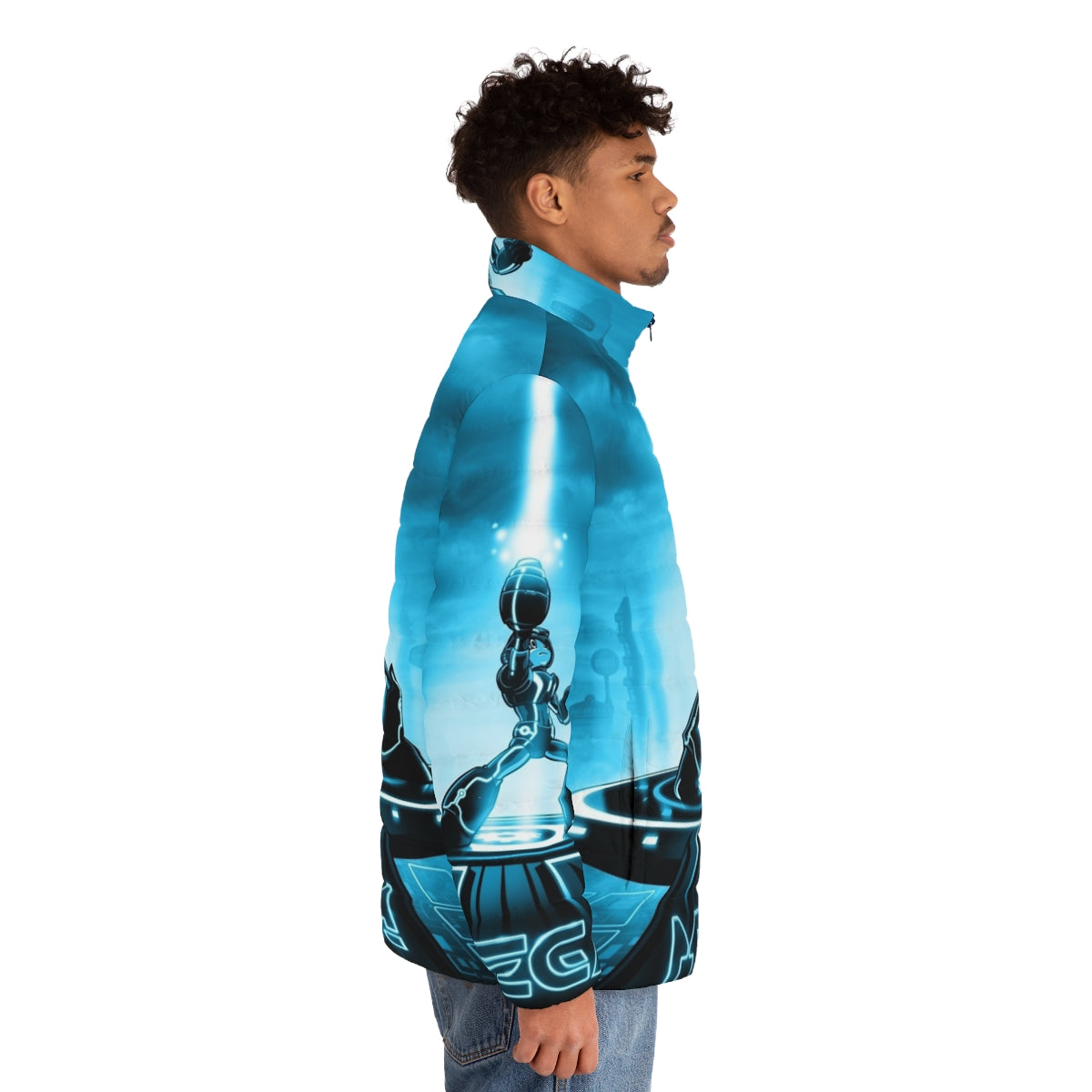 Mega Man x Tron Legacy Retro 80s Puffer Jacket with Iconic Video Game and Movie Characters - men side right