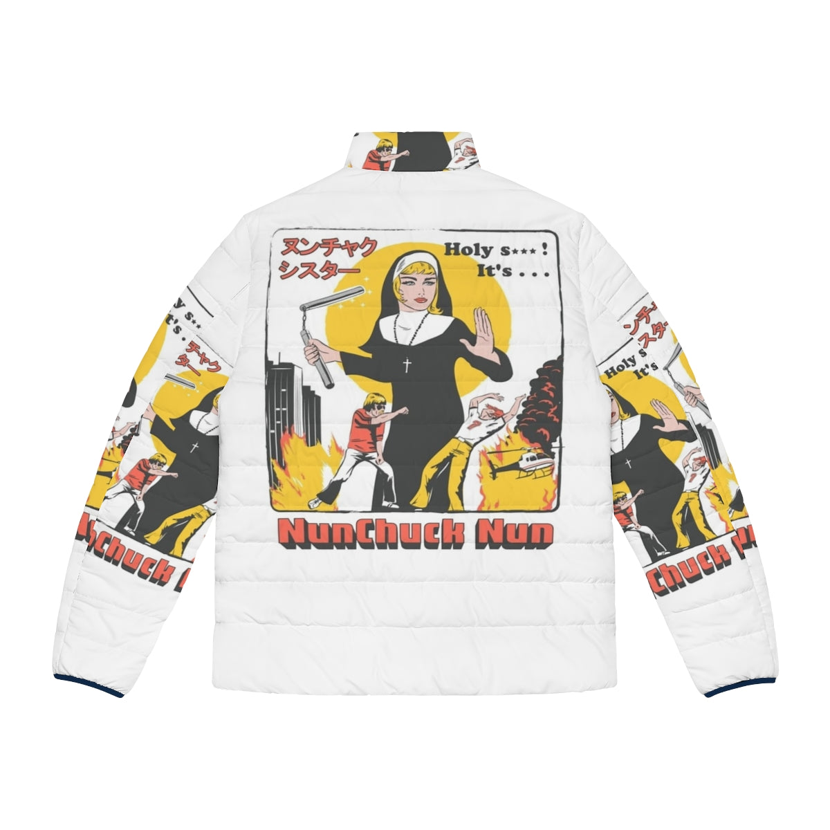 Nunchuck Nun Puffer Jacket - Retro Streetwear Parody - Back