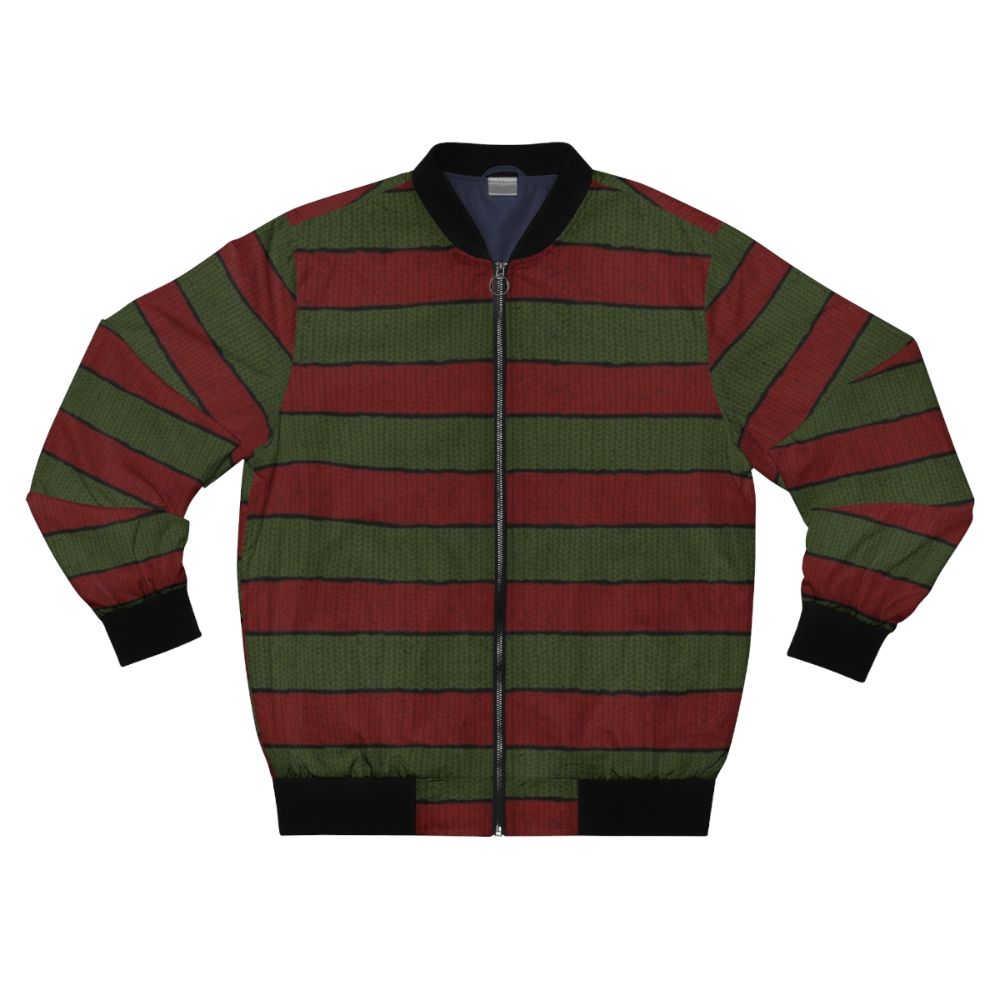 Freddy Krueger inspired knit bomber jacket with red and green stripes