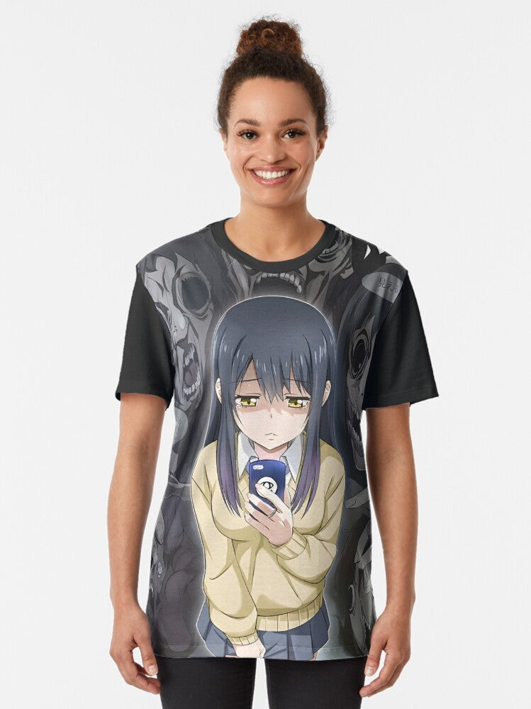 Mieruko-chan Monster Graphic T-Shirt featuring the anime character Miko Yotsuya and a funny ghost/monster design - Women