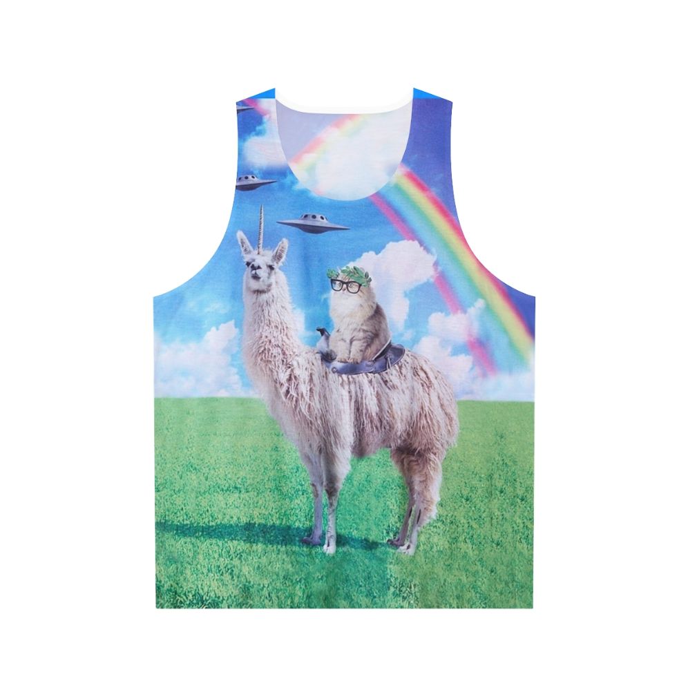 Cat riding llama unicorn with rainbow and UFO graphic tee