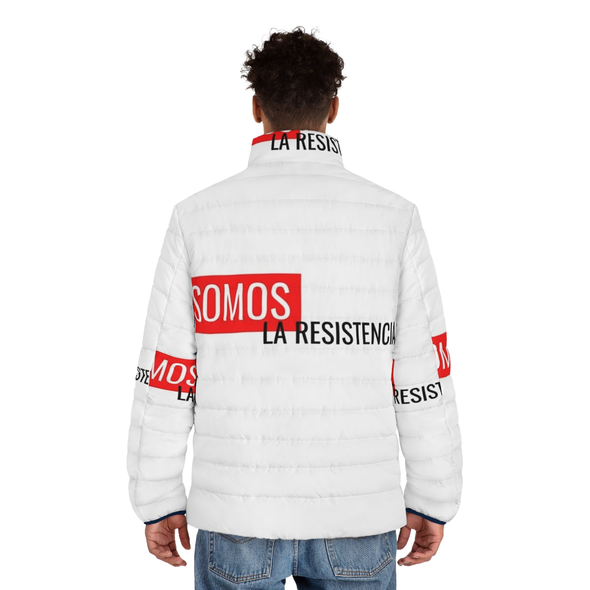 Money Heist Puffer Jacket featuring 'We Are The Resistance' design - men back