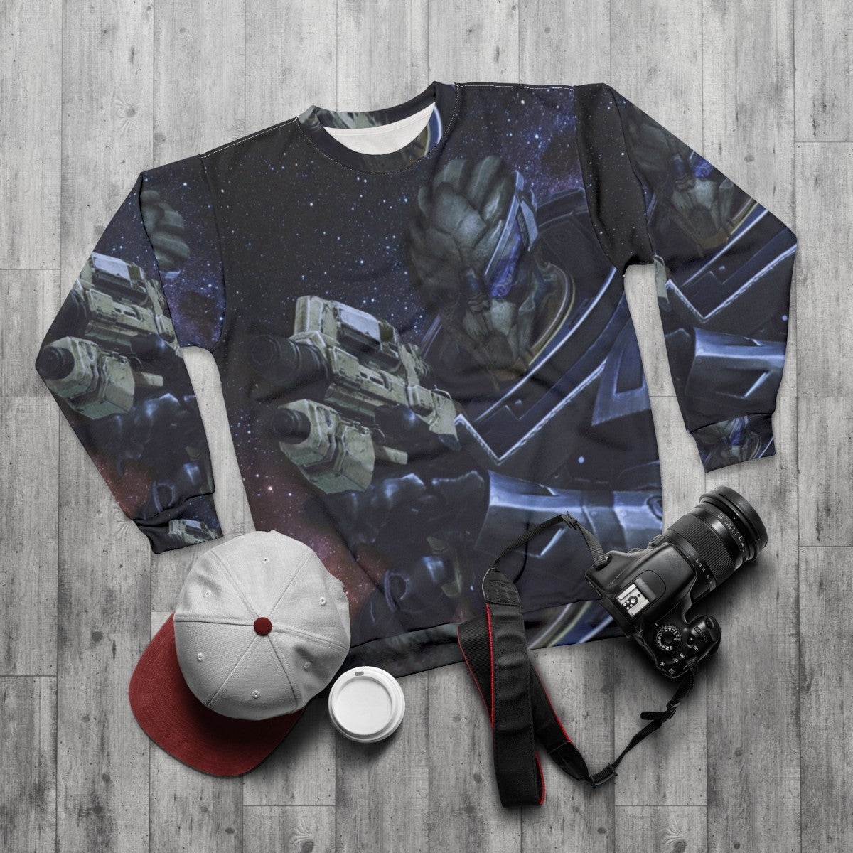 Garrus Vakarian Mass Effect Sweatshirt - Space Gaming Alien Apparel - flat lay