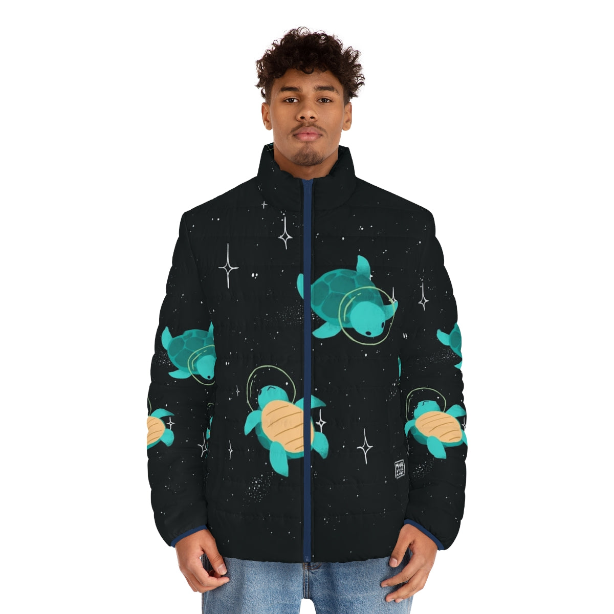 Adorable space turtle wearing a puffer jacket, ready for an intergalactic adventure - men front