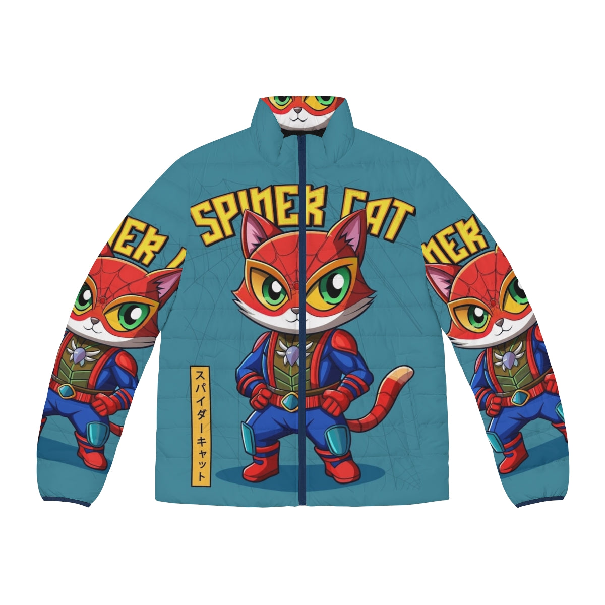 Spider Cat Puffer Jacket featuring a cartoon cat in a superhero-inspired design