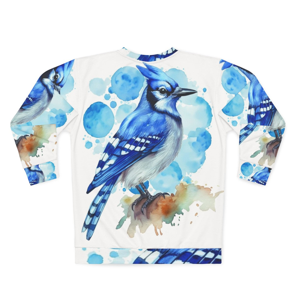 Closeup of a stylish blue jay sweatshirt with watercolor design - Back