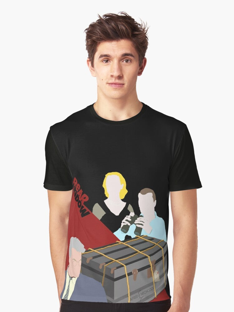 Alfred Hitchcock's "Rear Window" thriller graphic t-shirt featuring iconic characters and scenes from the classic movie. - Men