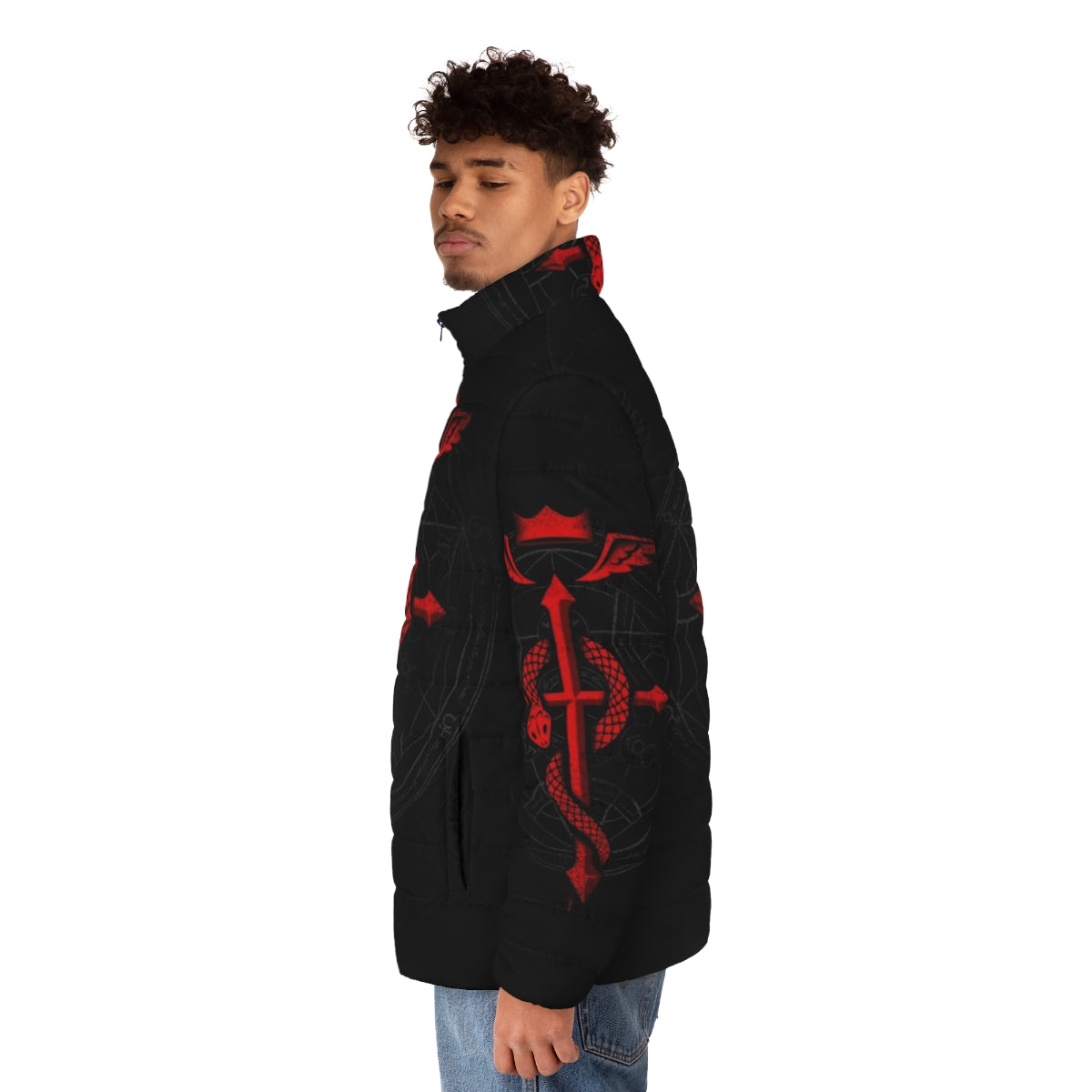 Alchemist Flamel Puffer Jacket featuring Fullmetal Alchemist symbols and imagery - men side left