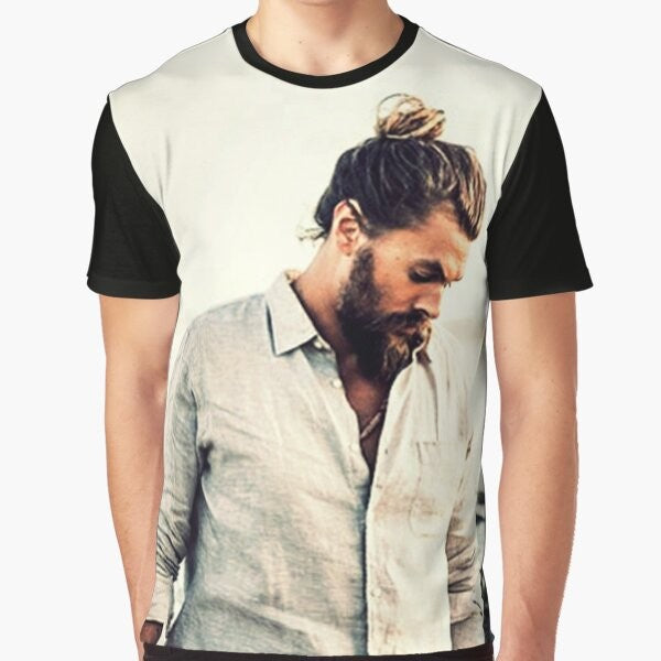 Jason Momoa inspired graphic t-shirt featuring beach, ocean, and "good vibes" design