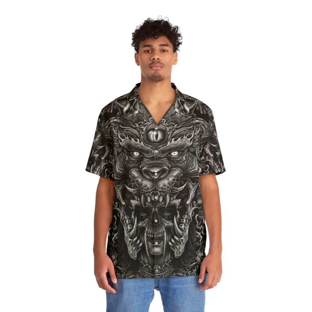 Winya No 129 dark Hawaiian shirt with mystical and spiritual symbols - People Front