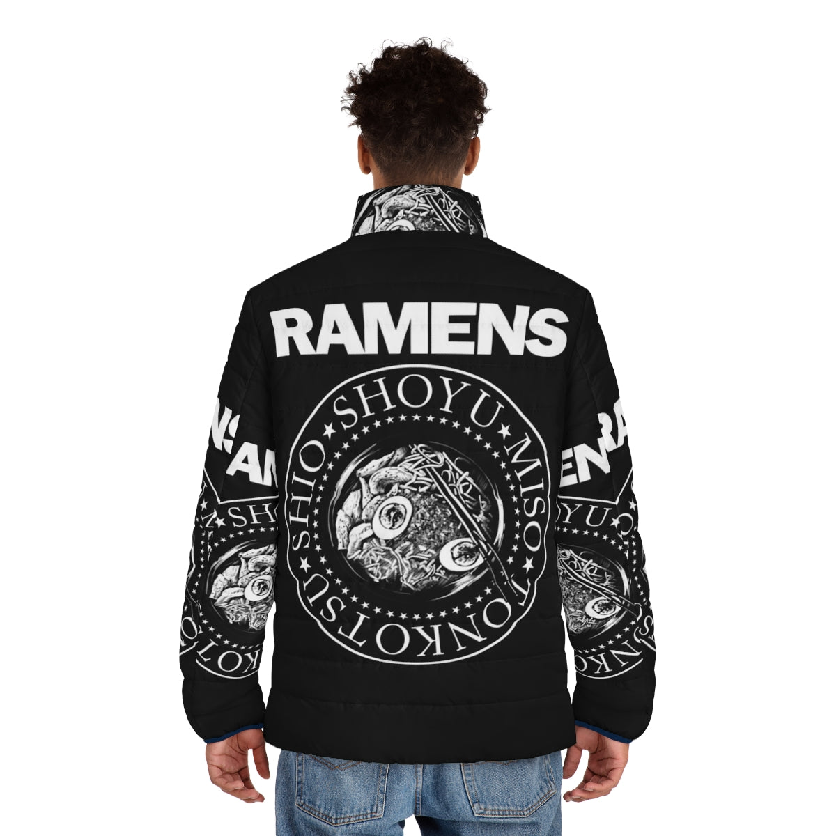 Retro ramen noodle punk rock music puffer jacket - men back