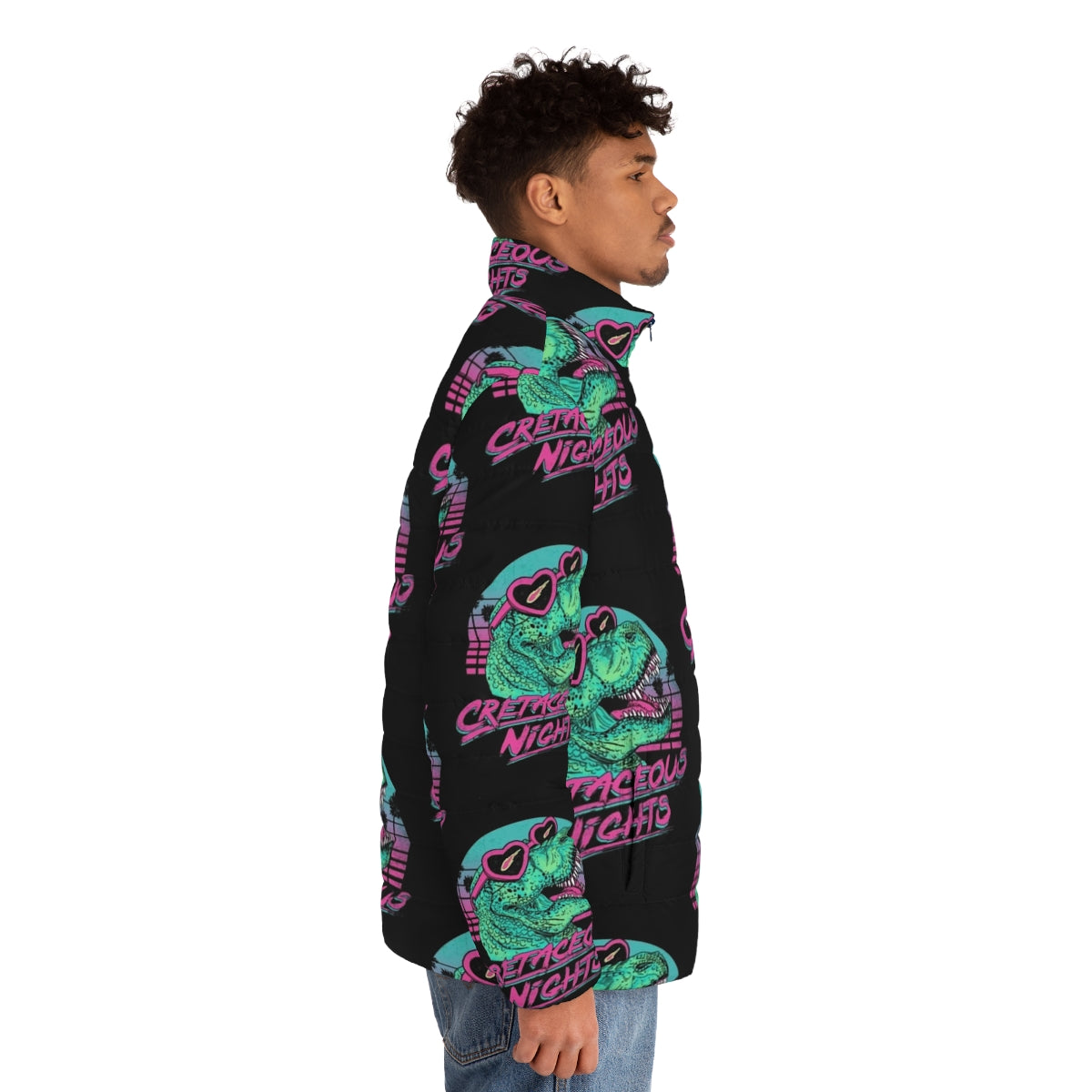 Cretaceous Puffer Jacket featuring a tyrannosaurus design in retro 80s style - men side right